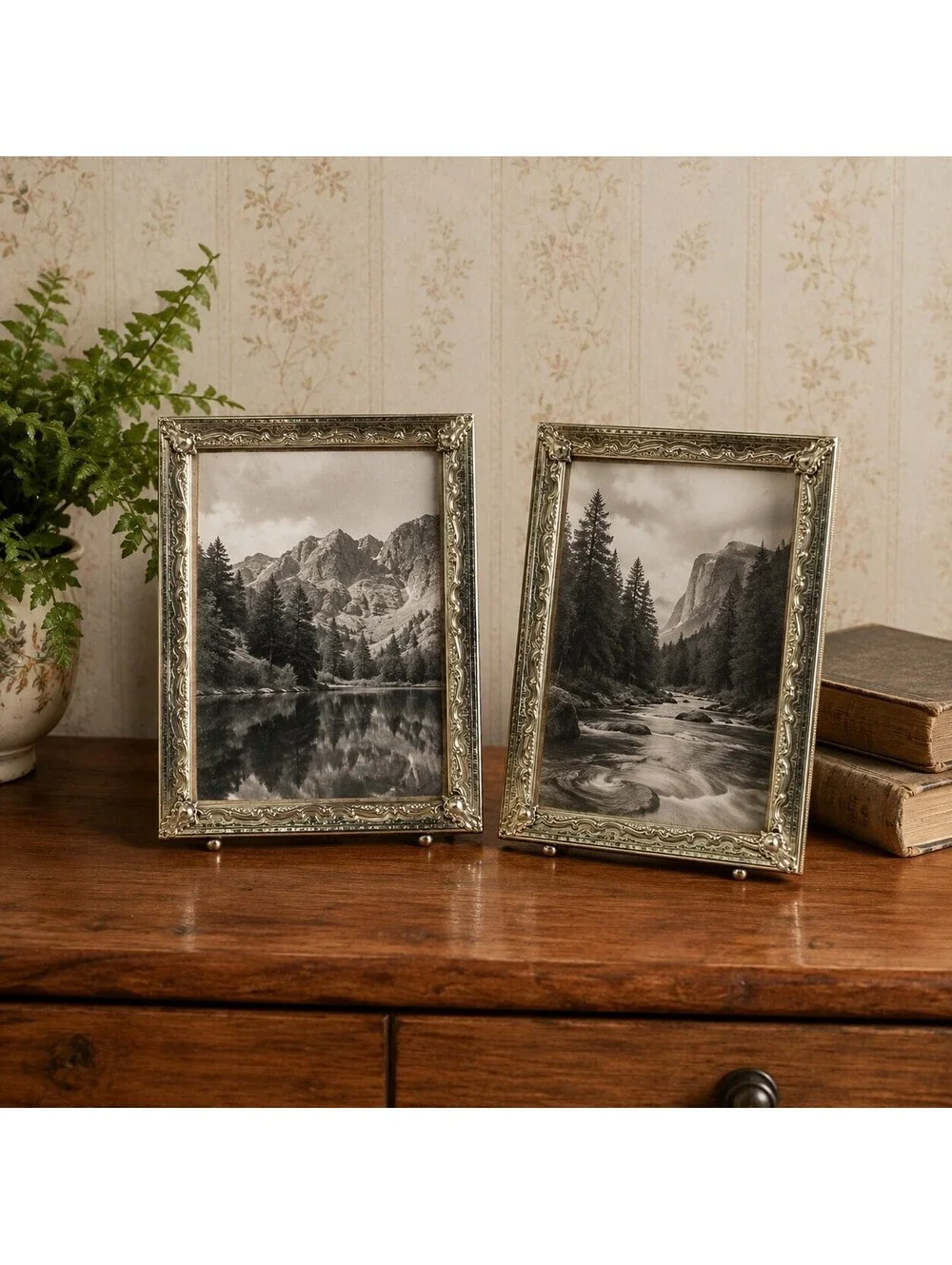 Vintage Ornate Gold Tone Metal 4x6 Picture Frames Pair Regency